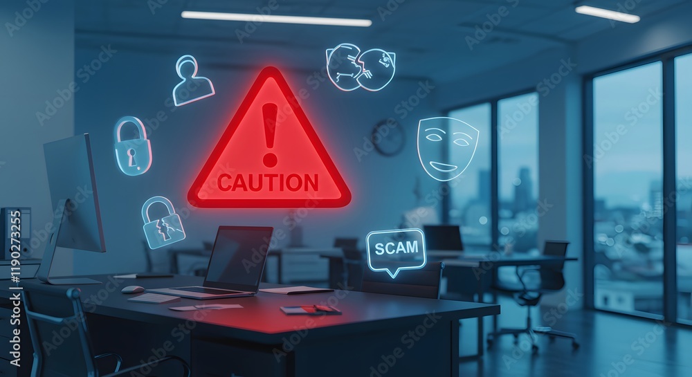 Poster caution notification for office cybersecurity awareness with scam alert and data security concepts i
