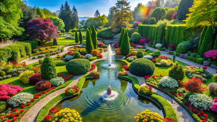 Fototapeta premium vibrant garden with manicured lawns, colorful flowers, and serene pond