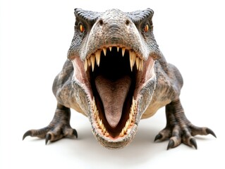 Obraz premium Roaring T-Rex dinosaur close-up, white background, prehistoric predator