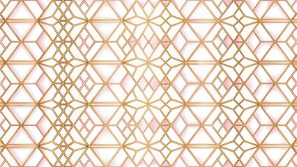 A seamless gold and pink geometric pattern with interconnected triangles and hexagons in a repeating arrangement on a white background , decorative, modern