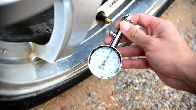  The man use TIRE GAUGE for check tire pressure before use the car 