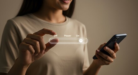 Power control slider. Interactive on-off slider interface for modern power management, futuristic digital visualization emphasizing efficient functionality and sustainable control