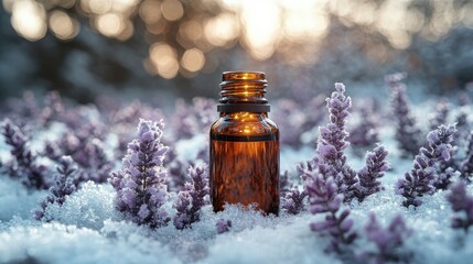 [Winter wellness health remedies essential] Snowy Landscape with Clear Glass Oil Bottle and Purple Flowers in Soft Morning/Afternoon Light.