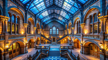 Naklejka premium grand rustic museum interior with stunning blue hour lighting