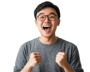 Excited young man celebrating with raised fists, wearing glasses and gray sweater, isolated on transparency background, expressing joy and enthusiasm