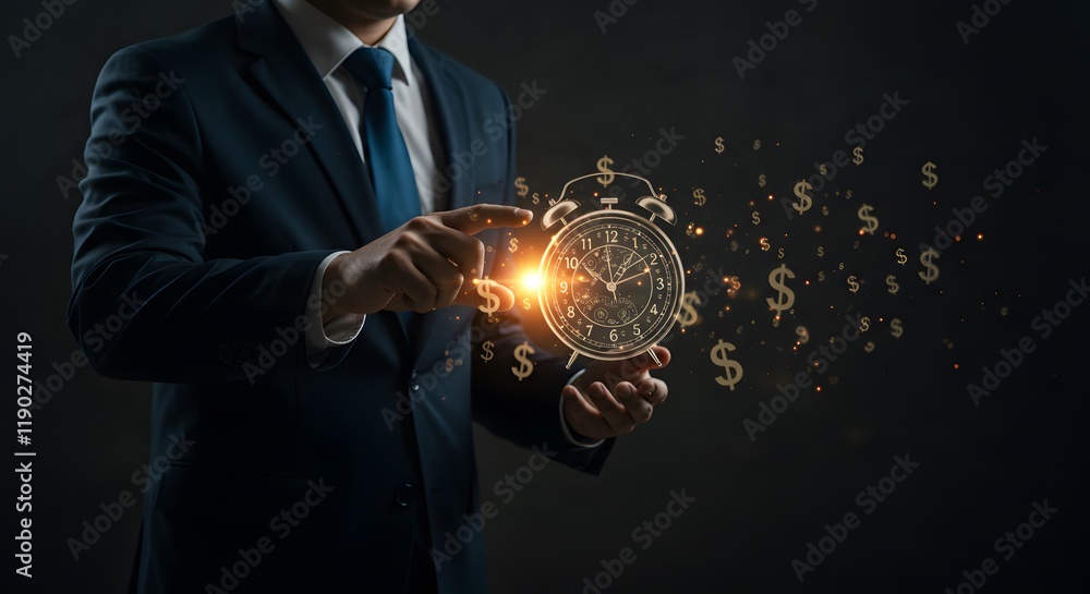 Poster business executive illustrating time value with glowing clock and dollar symbol emphasizing wealth o