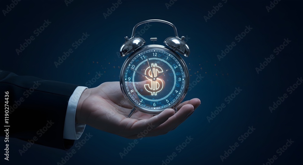 Poster hand holding clock with dollar sign in futuristic digital style symbolizing time value financial opt