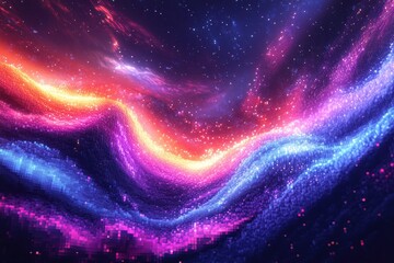 Obraz premium A vibrant abstract pixel art background with swirling neon gradients in hues of purple, blue, and neon pink, creating a dynamic effect