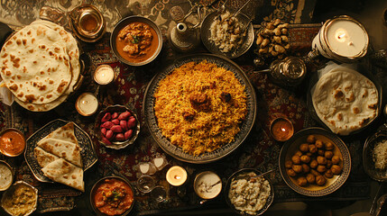 An Indian wedding feast with biryani, naan, and sweets, representing the cultural importance of food in Indian celebrations.