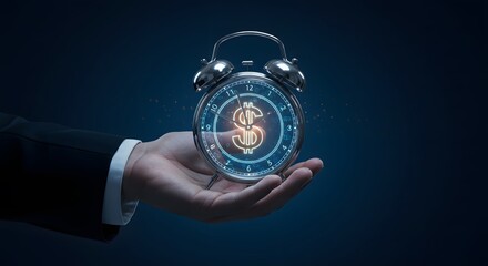 Hand holding clock with dollar sign in futuristic digital style symbolizing time value financial optimization profit analysis and productivity management in economic framework