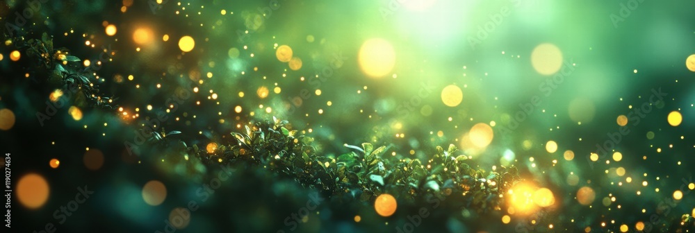 Poster a vibrant and energetic green bokeh background with glowing lights of different sizes and soft blend