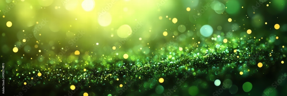 Poster a vibrant and energetic green bokeh background with glowing lights of different sizes and soft blend