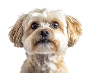 Adorable small dog with fluffy fur, looking curiously at camera. This charming pet has bright eyes and sweet expression, perfect for pet lovers