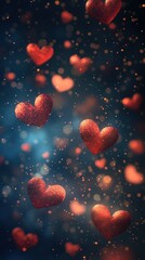 A vibrant background with various red heart icons in the air, each glowing softly, set against a dark backdrop