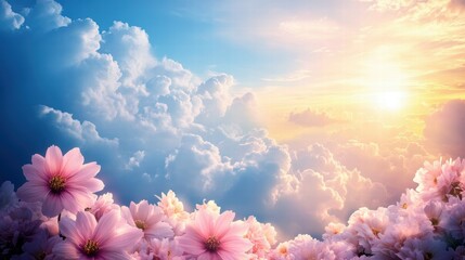 Fototapeta premium A vibrant blue sky with soft clouds illuminated by the golden light of a setting sun, creating a warm, inviting atmosphere