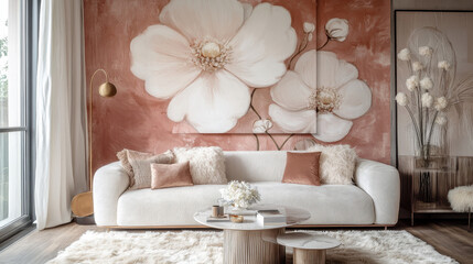 Serene Living Room: A stylish living room features a plush off-white sofa, complemented by soft neutral tones and a large floral artwork as a stunning focal point.