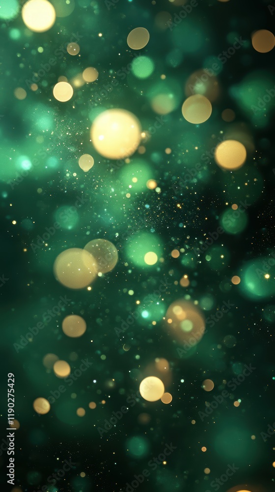Poster a vibrant green bokeh background with glowing orbs of light floating across the scene, creating an a