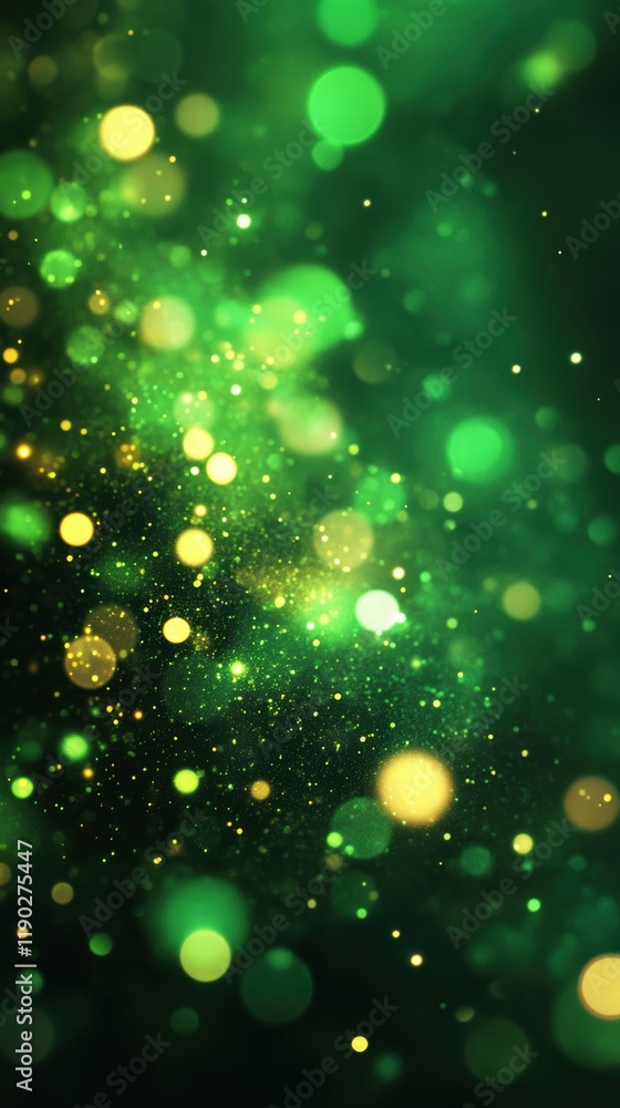 Poster a vibrant green bokeh background with glowing orbs of light floating across the scene, creating an a