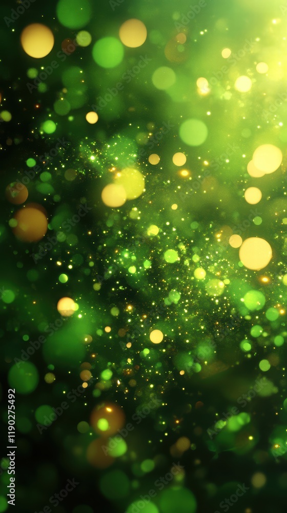 Poster a vibrant green bokeh background with glowing orbs of light floating across the scene, creating an a