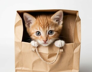 Adorable Ginger Kitten Peeking from a Brown Paper Bag, Cute Pet Portrait