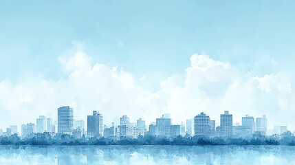 Obraz premium A watercolor cityscape portrays a city with gray buildings under a clear blue sky