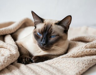 Adorable Siamese Cat Relaxing on Cozy Knit Blanket