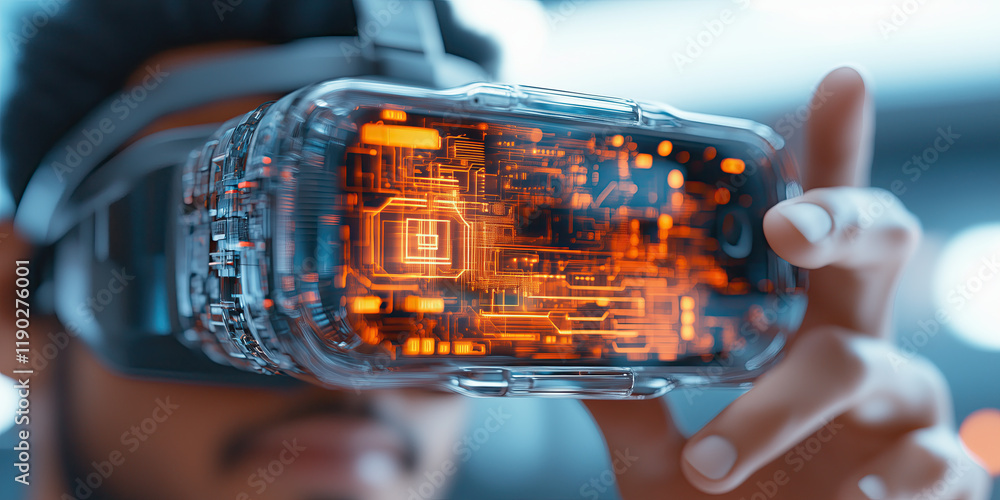 Poster immersive virtual reality headset showcasing intricate circuits and holograms
