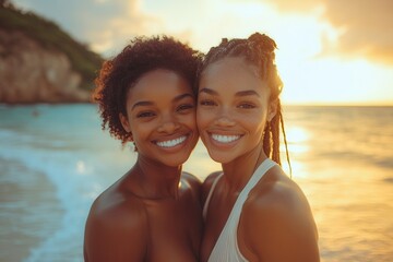 Friends enjoy a sunset moment together on the beach with radiant smiles and warm ocean waves surrounding them