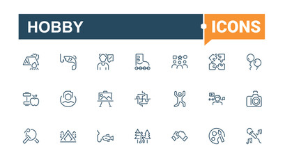 Hobby linear icon collection. Includes thin line guitar, fish, cycling, cooking, movie, men, travel, gardening. Outline symbol collection. Editable stroke. Vector illustration.