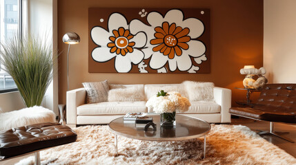 Modern Living Room with Abstract Floral Art: A contemporary living room space with warm brown walls and a white sofa. A large abstract floral painting anchors the room.