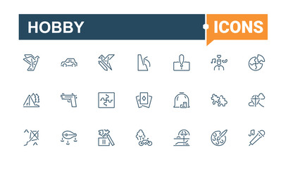 Hobby linear icon collection. Includes thin line guitar, fish, cycling, cooking, movie, men, travel, gardening. Outline symbol collection. Editable stroke. Vector illustration.