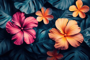 Obraz premium A vibrant tropical flower pattern with bold, bright colors against a dark background