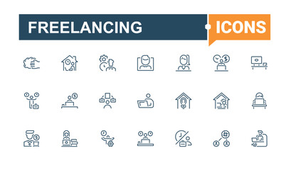 Freelancing linear icon collection. Contains related to workplace, network, home, place, technology, employee, space and more. Perfect for logos and infographics. Editable stroke.