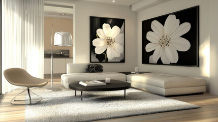Modern Minimalist Living Room: A serene and stylish living room featuring a minimalist design, large floral artwork, plush off-white sofa and armchair, and a luxurious rug.
