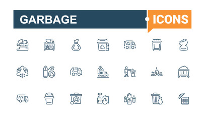 Garbage icon set. Contains such icons as junk, trash, bin, bag, eco, metal and more. Minimalistic icon. Editable stroke. Vector illustration.
