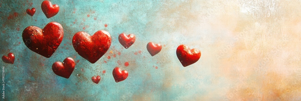 Poster a whimsical background with red hearts floating in the air, gently overlapping against a soft pastel