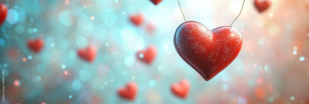 Poster a whimsical background with red hearts floating in the air, gently overlapping against a soft pastel