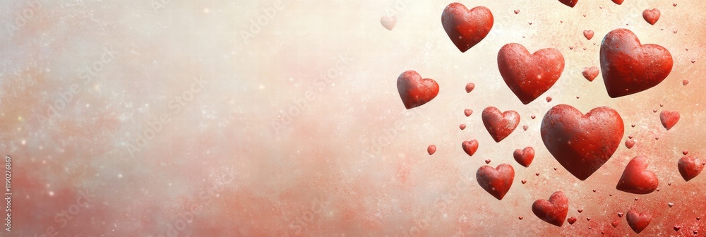 Poster a whimsical background with red hearts floating in the air, gently overlapping against a soft pastel