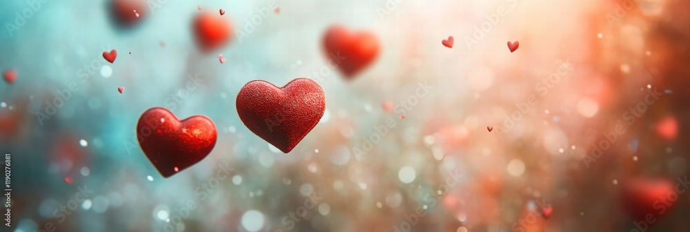 Poster a whimsical background with red hearts floating in the air, gently overlapping against a soft pastel