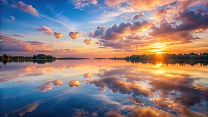 Fototapeta premium Floating hearts overlay on serene lake surface at dawn , morning light reflection glowing clouds, serene water scene heart decoration adornment