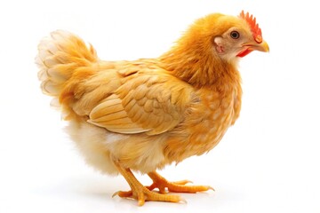 A small chicken with a red beak stands on a white background