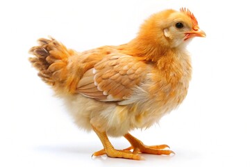 Fototapeta premium A small chicken with a red beak stands on a white background
