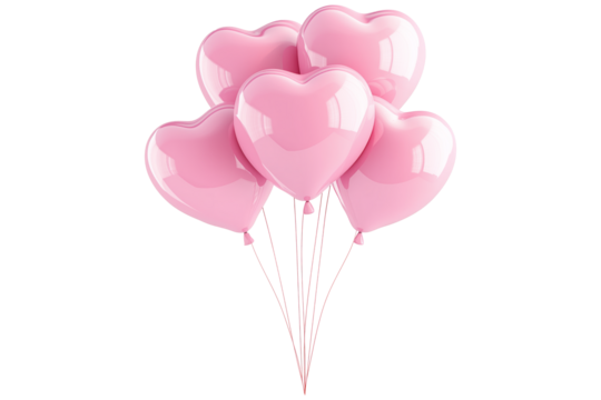 A cluster of shiny pink heart-shaped balloons floating against white transparent background, symbolizing love and celebration of Valentine Day