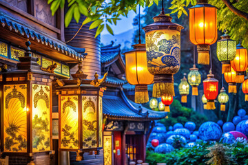 Fototapeta premium vibrant night market scene with colorful lanterns glowing warmly
