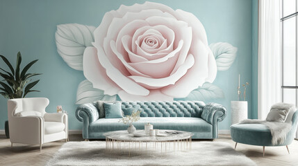 A Touch of Romance:  A stunning, oversized pink rose blooms against a serene blue wall, adding a touch of romantic elegance to the modern interior design.