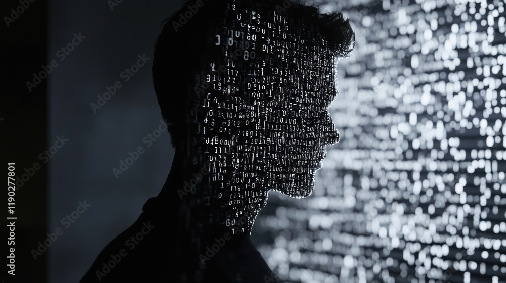 Poster digital persona: a silhouette of a person formed by binary code, representing the fusion of humanity