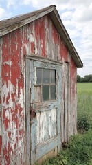 A worn wooden barn wall with chipped paint and rough texture, rural charm