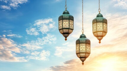 Obraz premium Elegant Teal Lanterns Against a Serene Sunset Sky