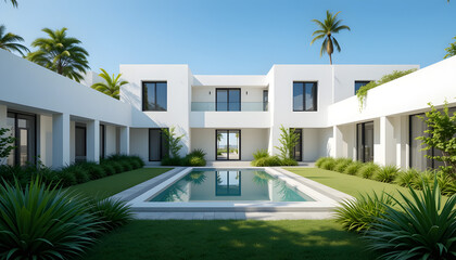 Fototapeta premium Modern white villa with courtyard pool.