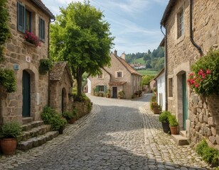 Fototapeta premium Cobblestone Street in Charming European Village, Stone Houses, Sunlit Day
